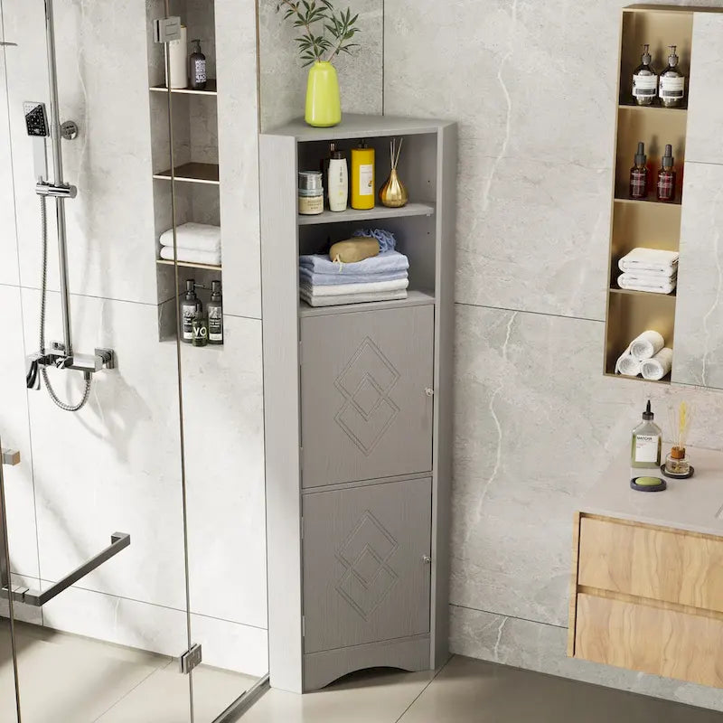 Mueble esquinero de baño con puertas y estantes ajustables