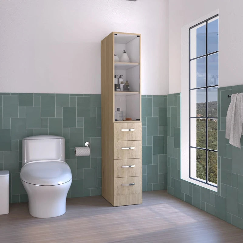 Mueble de baño moderno para ropa blanca, tres estantes, cuatro cajones - Pino claro/Blanco
