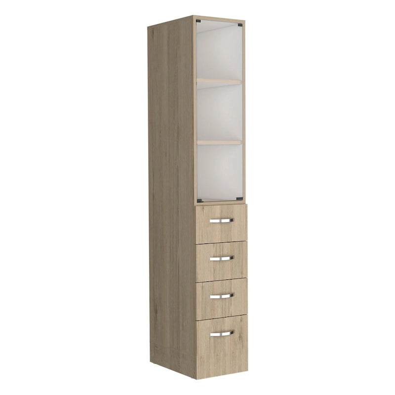 Mueble de baño moderno para ropa blanca, tres estantes, cuatro cajones - Pino claro/Blanco