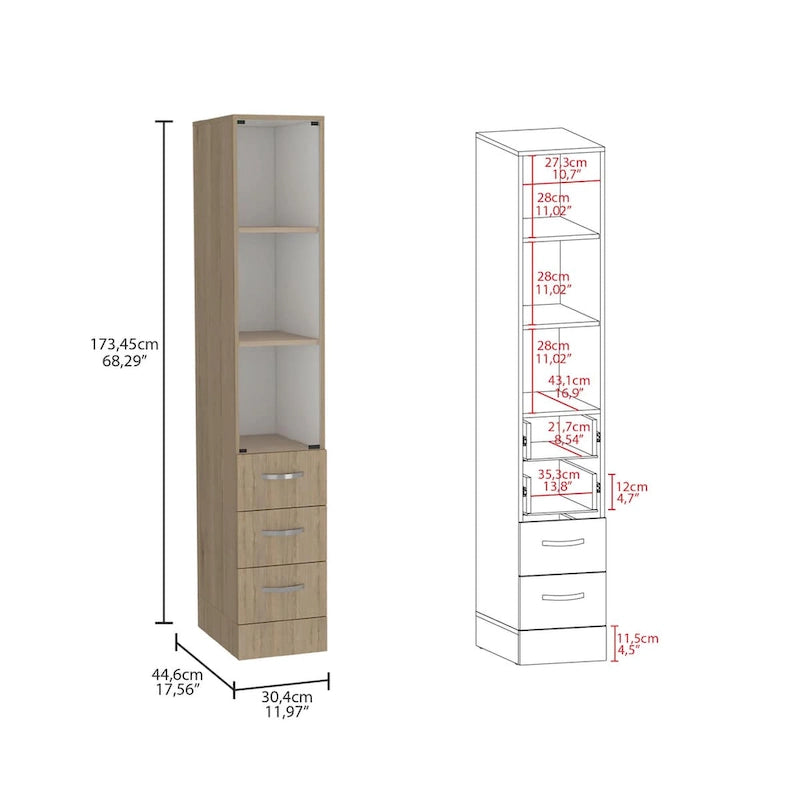 Mueble de baño moderno para ropa blanca, tres estantes, cuatro cajones - Pino claro/Blanco