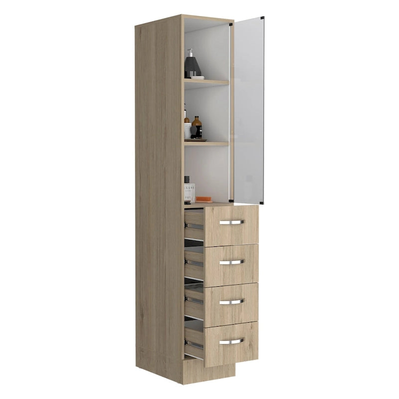 Mueble de baño moderno para ropa blanca, tres estantes, cuatro cajones - Pino claro/Blanco