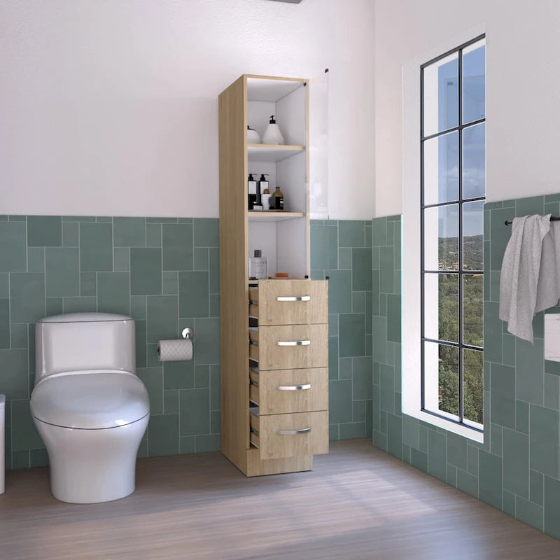 Mueble de baño moderno para ropa blanca, tres estantes, cuatro cajones - Pino claro/Blanco
