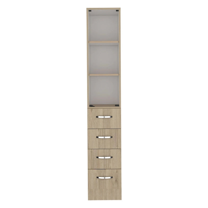 Mueble de baño moderno para ropa blanca, tres estantes, cuatro cajones - Pino claro/Blanco