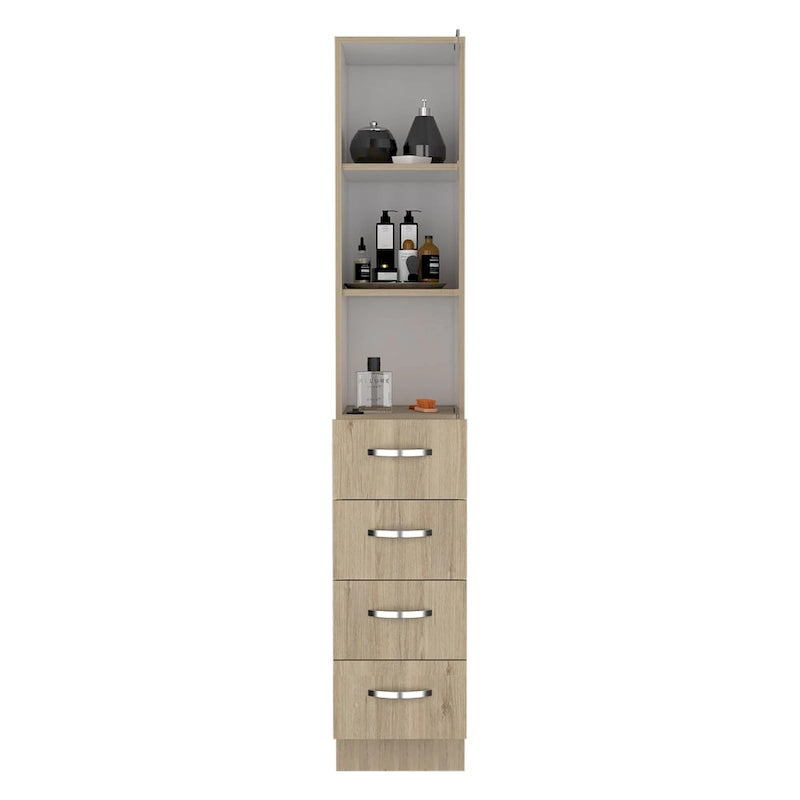 Mueble de baño moderno para ropa blanca, tres estantes, cuatro cajones - Pino claro/Blanco