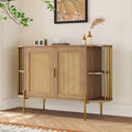 Aparador de comedor elegante curvo de 2 puertas con ribete dorado y puertas de ratán tejido para comedor
