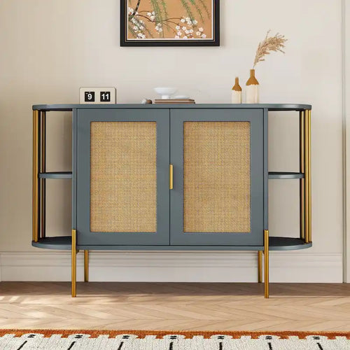 Aparador de comedor elegante curvo de 2 puertas con ribete dorado y puertas de ratán tejido para comedor