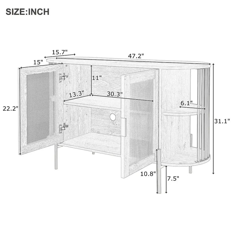 Aparador de comedor elegante curvo de 2 puertas con ribete dorado y puertas de ratán tejido para comedor