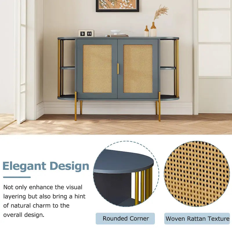 Aparador de comedor elegante curvo de 2 puertas con ribete dorado y puertas de ratán tejido para comedor