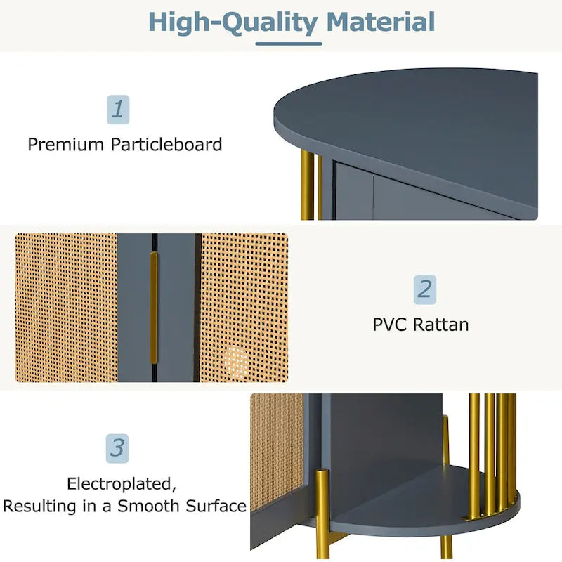 Aparador de comedor elegante curvo de 2 puertas con ribete dorado y puertas de ratán tejido para comedor