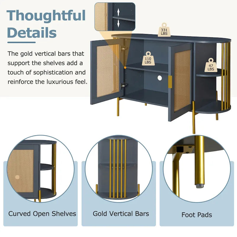 Aparador de comedor elegante curvo de 2 puertas con ribete dorado y puertas de ratán tejido para comedor