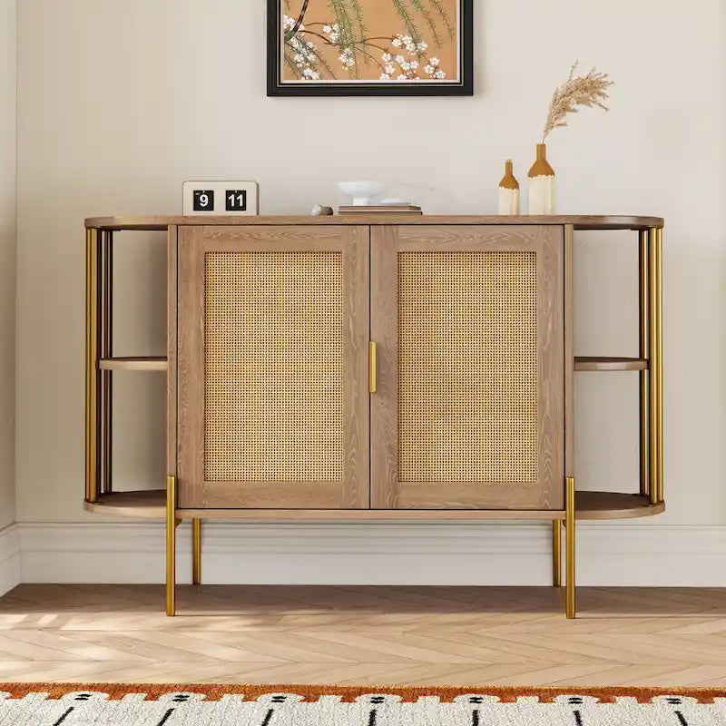 Aparador de comedor elegante curvo de 2 puertas con ribete dorado y puertas de ratán tejido para comedor