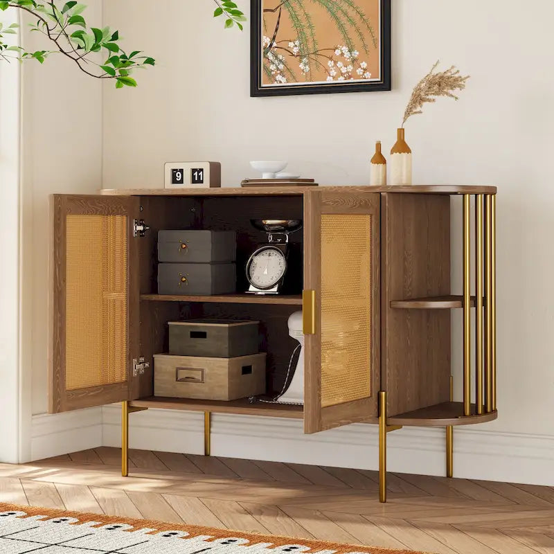 Aparador de comedor elegante curvo de 2 puertas con ribete dorado y puertas de ratán tejido para comedor
