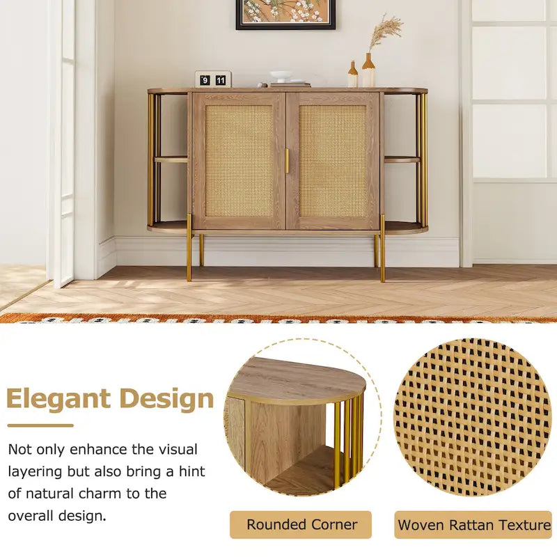 Aparador de comedor elegante curvo de 2 puertas con ribete dorado y puertas de ratán tejido para comedor