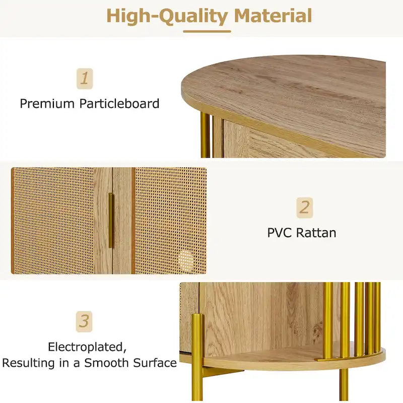 Aparador de comedor elegante curvo de 2 puertas con ribete dorado y puertas de ratán tejido para comedor