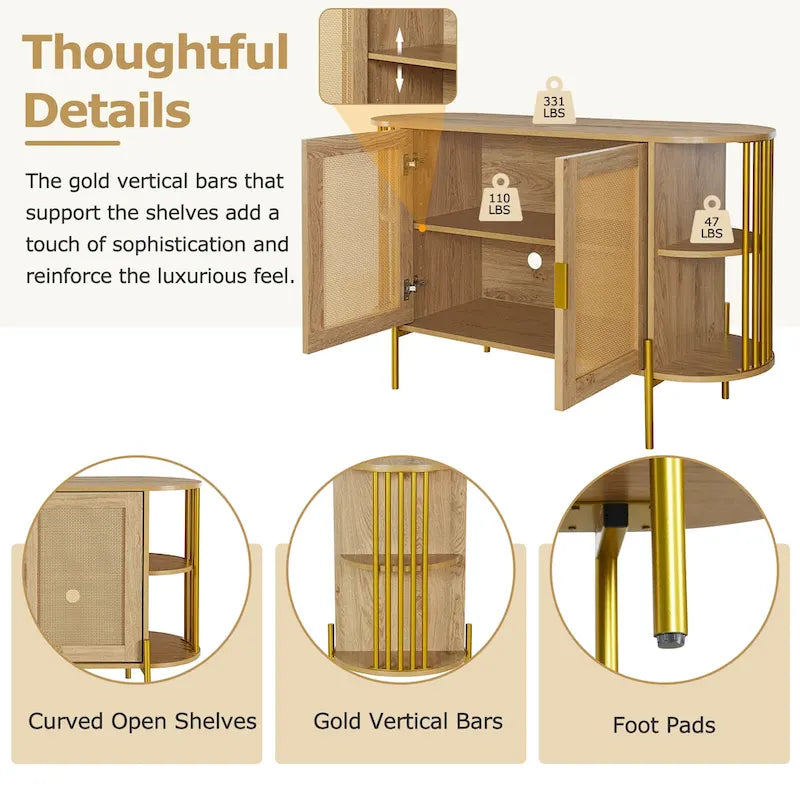 Aparador de comedor elegante curvo de 2 puertas con ribete dorado y puertas de ratán tejido para comedor