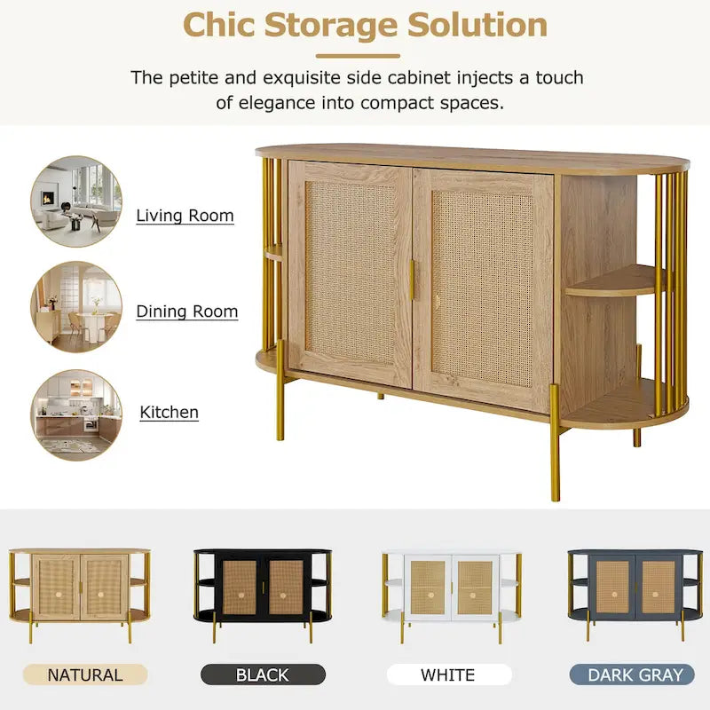 Aparador de comedor elegante curvo de 2 puertas con ribete dorado y puertas de ratán tejido para comedor