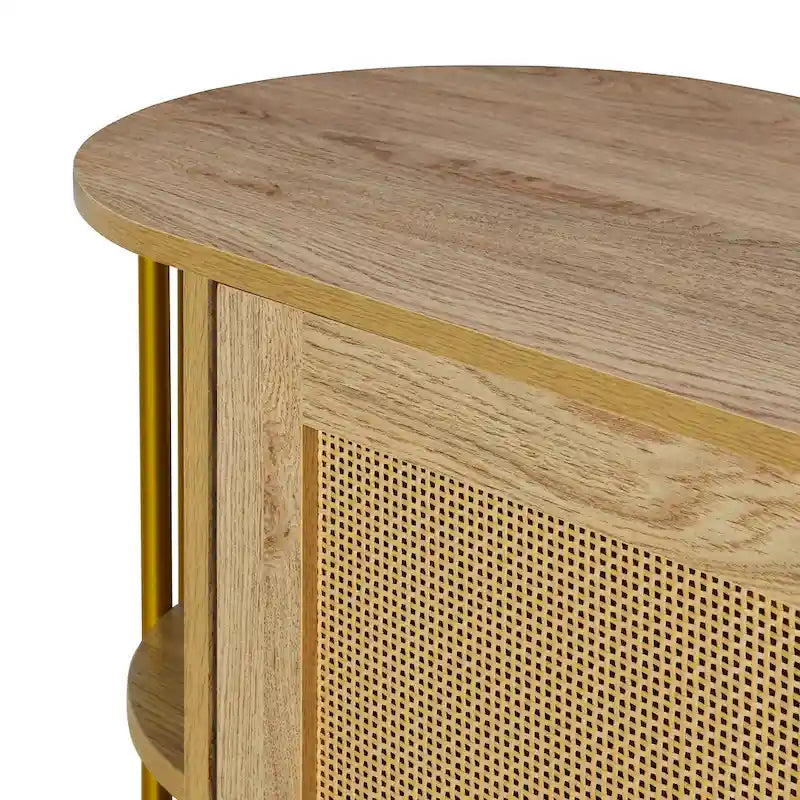 Aparador de comedor elegante curvo de 2 puertas con ribete dorado y puertas de ratán tejido para comedor